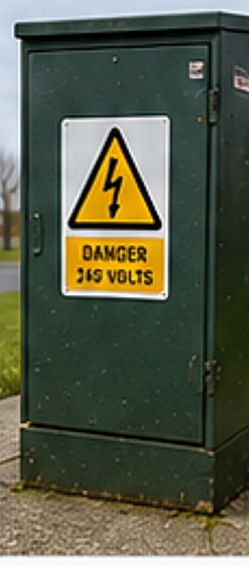 Green street cabinet with a danger high-voltage warning sign