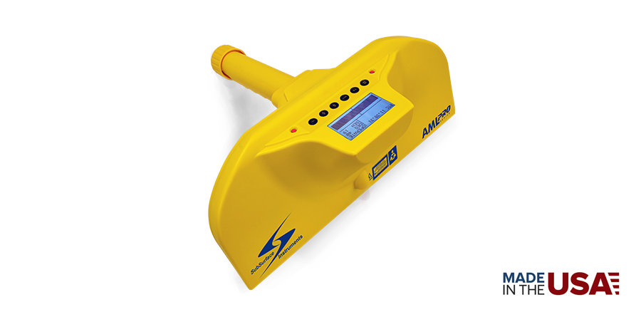 The AML Pro device by SubSurface Instruments, yellow handheld unit with display, antenna housing, and pivoting handle