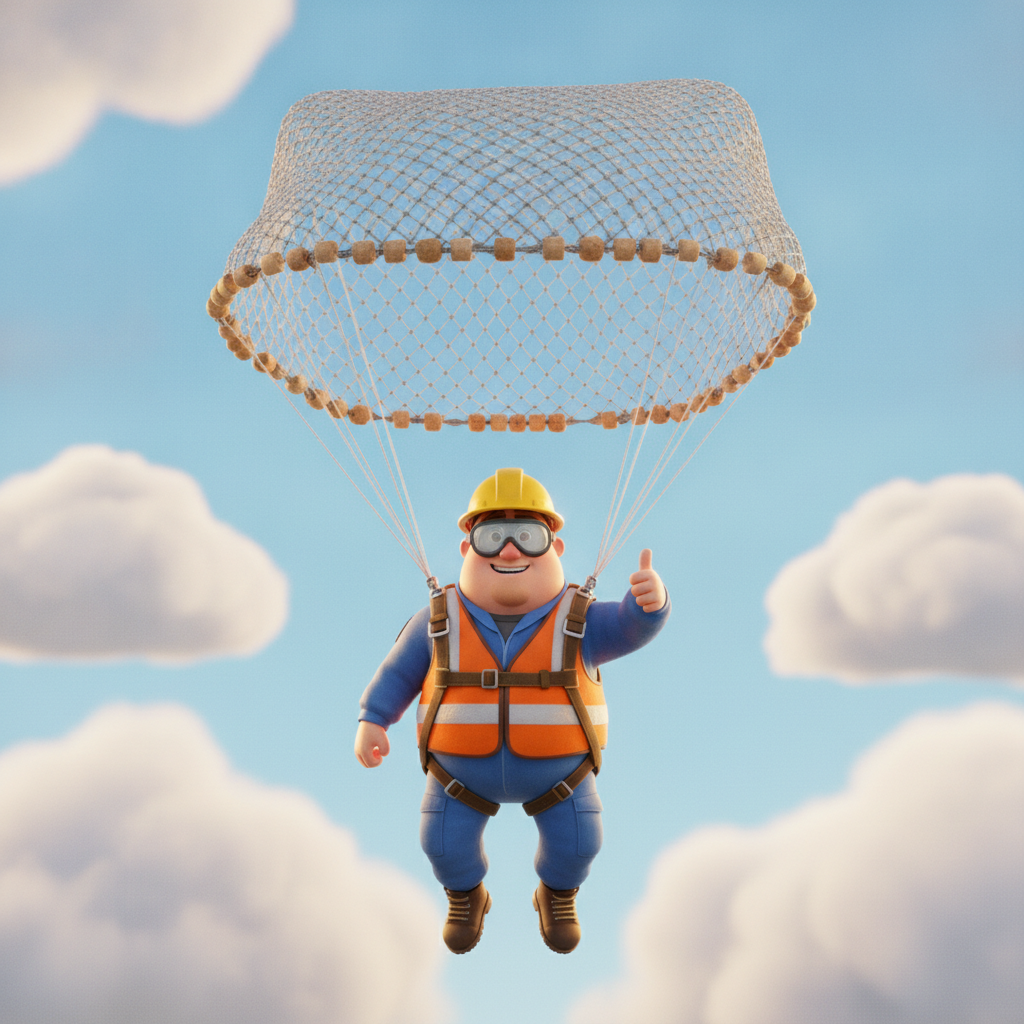 A cartoon workman in a hi-vis vest and hard hat falling through the sky beneath a fishing net instead of a parachute, giving a thumbs up