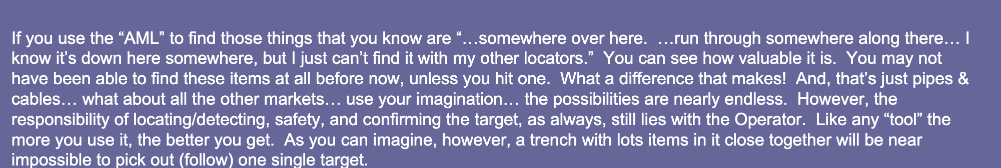 Scan of the AML operator's manual, page 9: If you use the AML to find those things that you know are somewhere over here, run through somewhere along there, I know it's down here somewhere, but I just can't find it with my other locators.