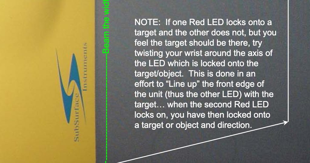 Scan of the AML operator's manual, page 7: NOTE: If one Red LED locks onto a target and the other does not, but you feel the target should be there, try twisting your wrist around the axis of the LED which is locked onto the target.