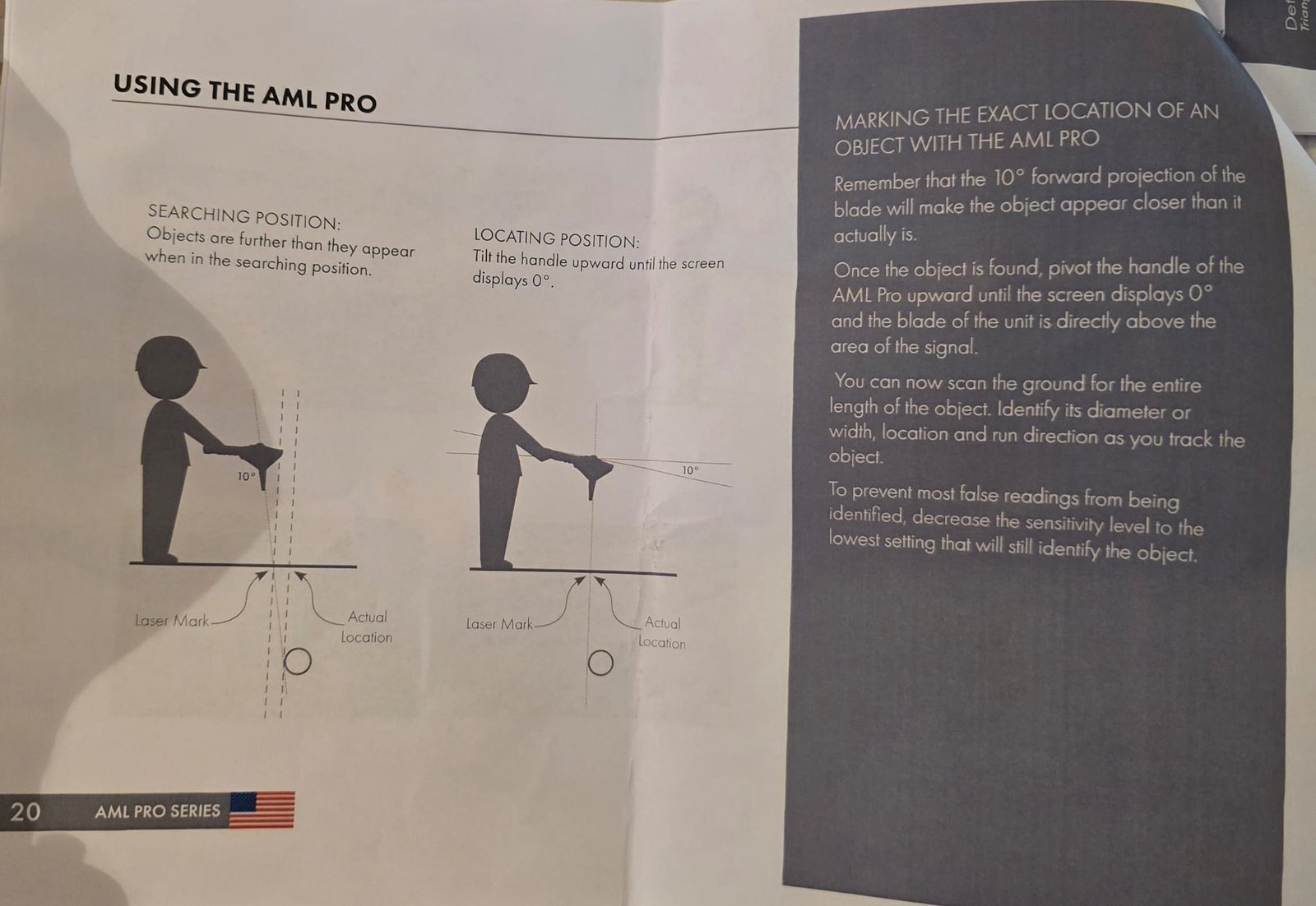 SSI manual page 20: two figures, one holding the AML Pro at a 10 degree searching position and one at the 0 degree locating position, each showing the laser mark falling away from the actual location of the object.