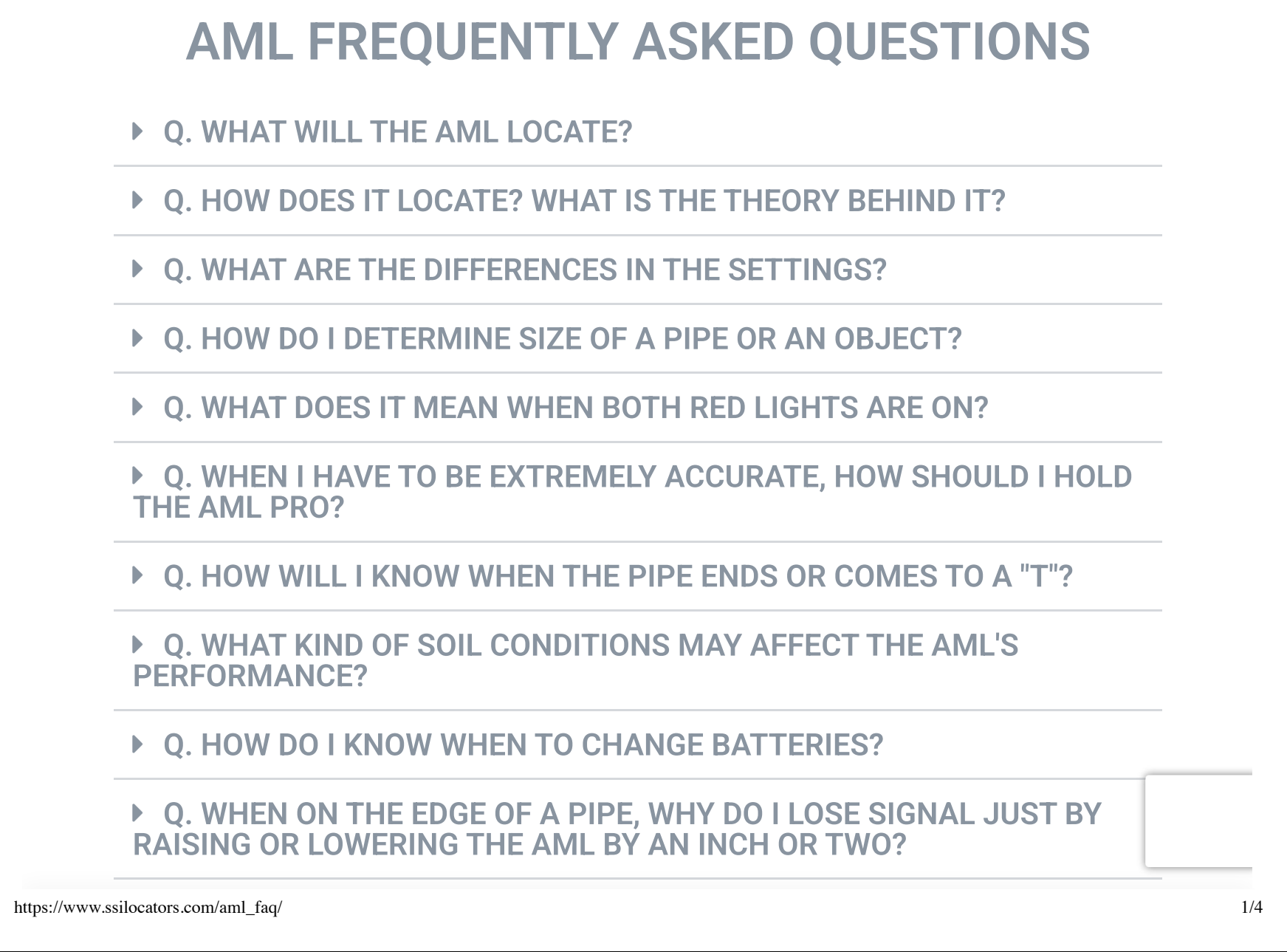 Screenshot of SubSurface Instruments' own AML Frequently Asked Questions page, captured 24 August 2026, showing the question: when on the edge of a pipe, why do I lose signal just by raising or lowering the AML by an inch or two?