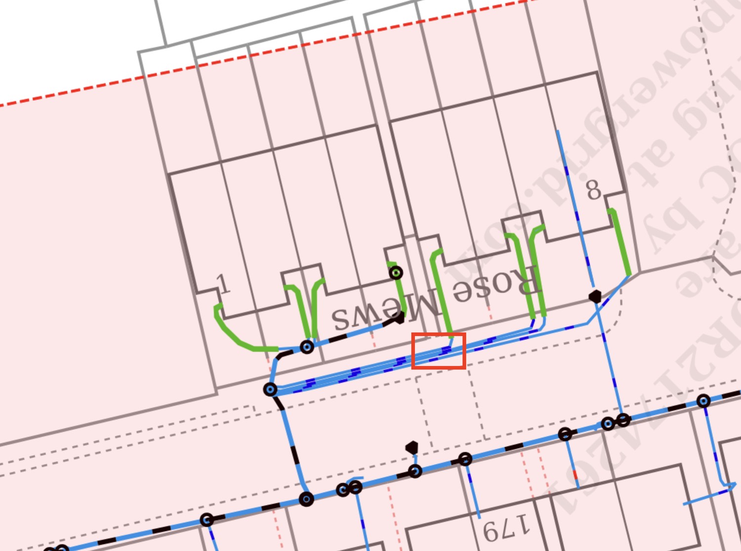 An electricity record plan: four service cables running bundled along a footpath before fanning out to the properties
