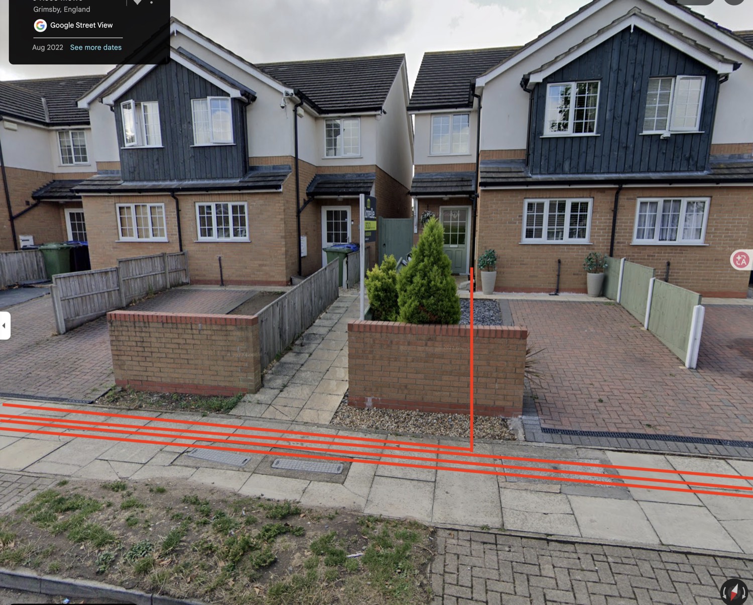 A street view with the four buried service cables drawn along the footpath, each one turning up to its own house